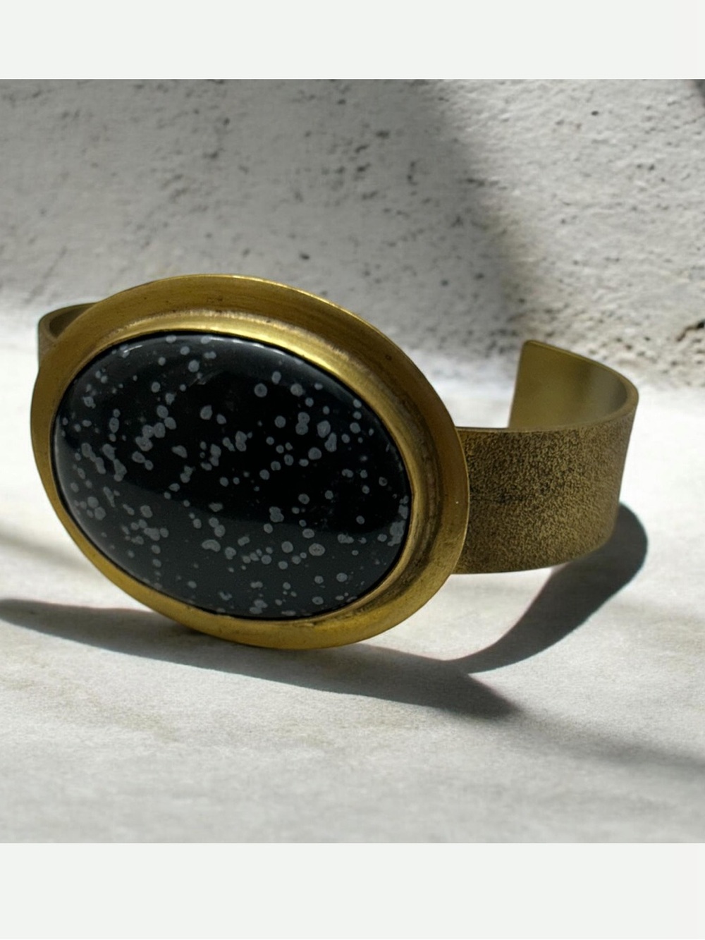 Vintage Chunky Brass Large Snowflake Obsidian Cuff Bracelet